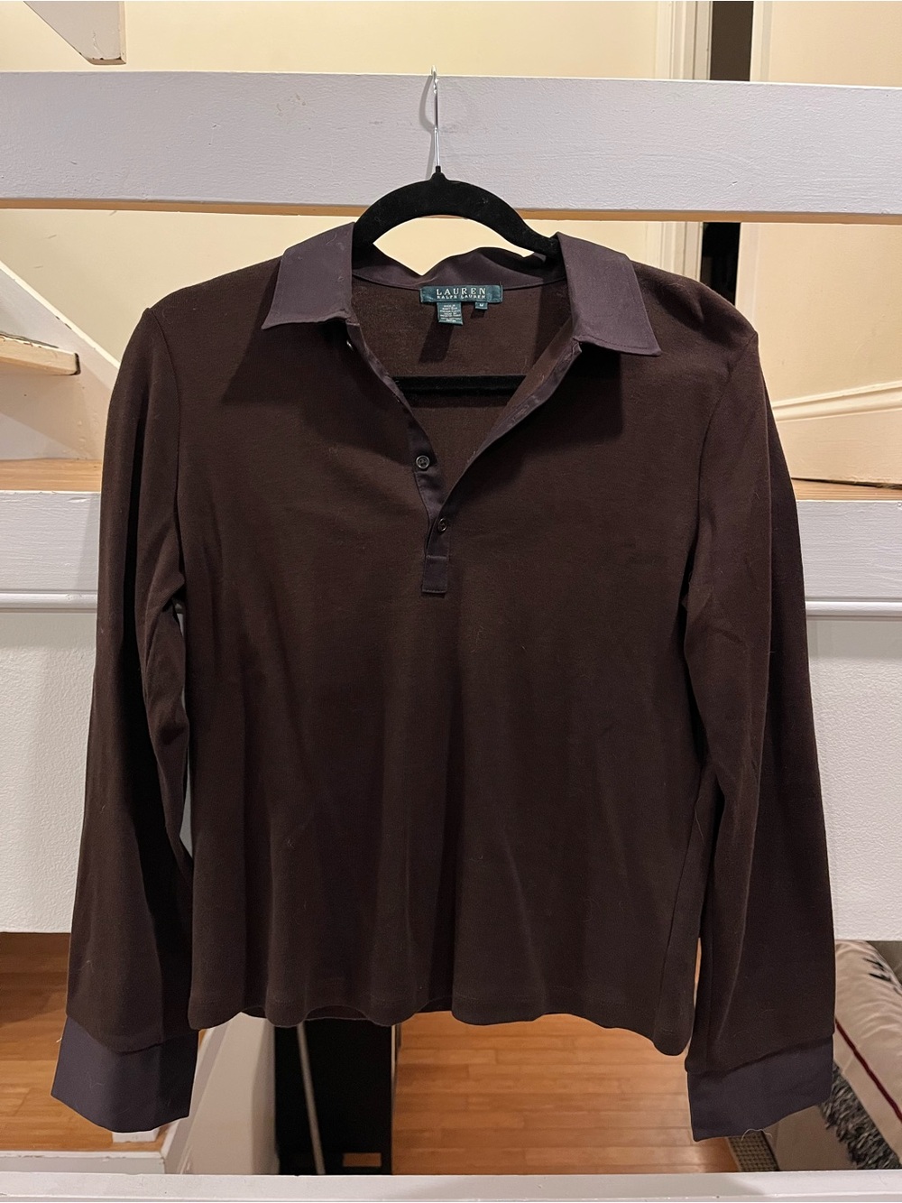 Vintage Lauren Ralph Lauren Brown Ribbed 100% Cotton Long Sleeve Polo Top